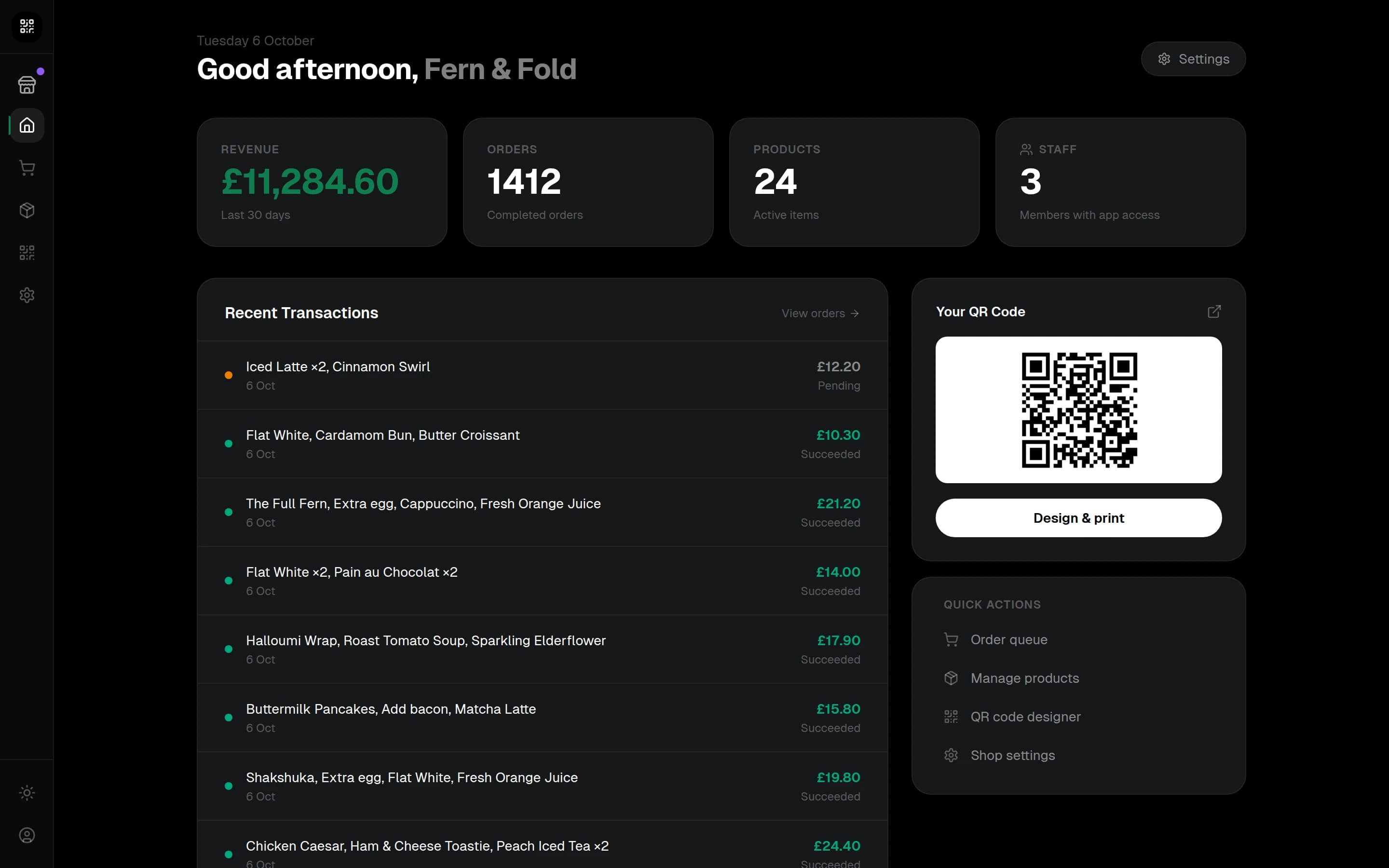 The owner dashboard home with revenue, orders and recent payments