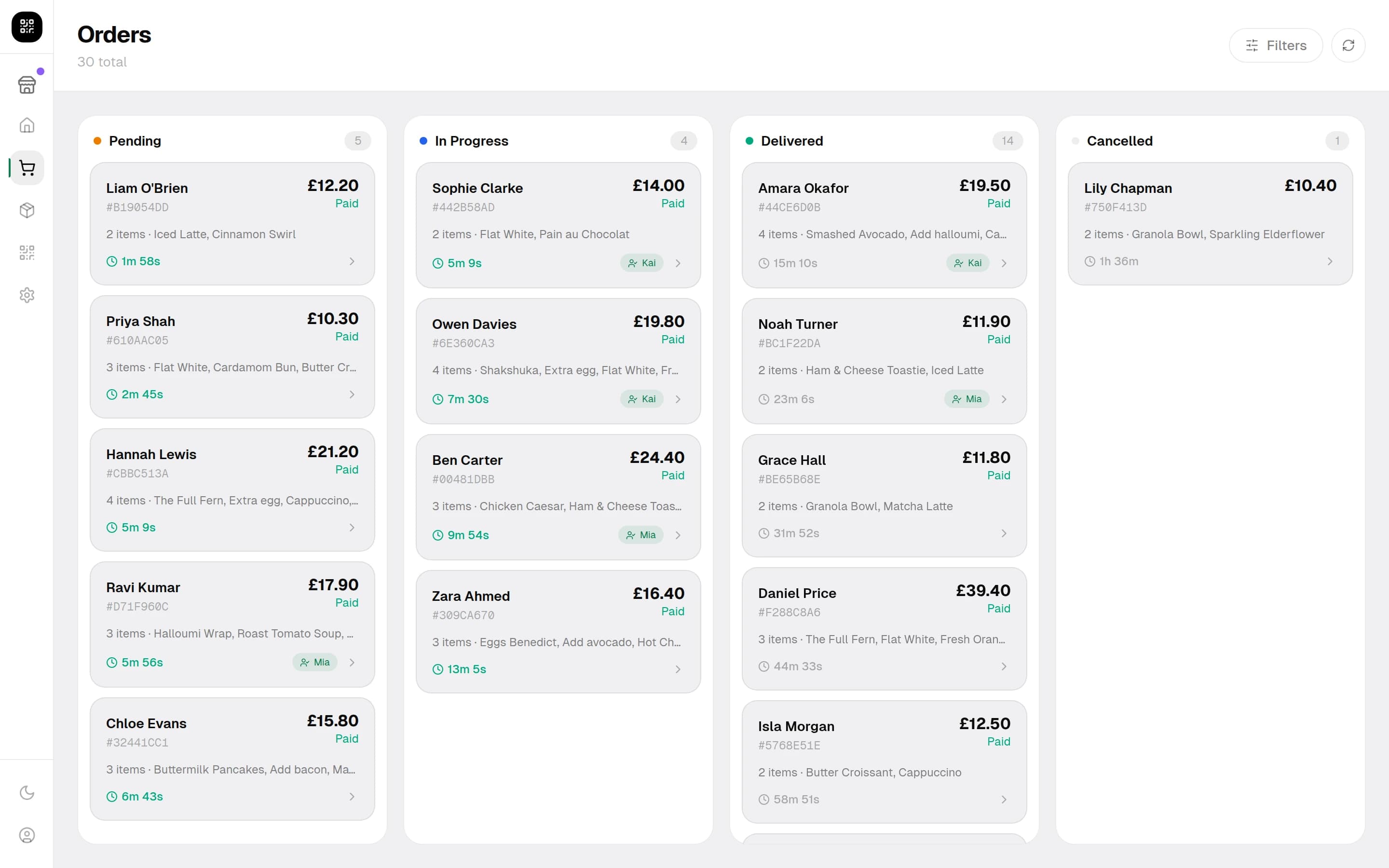 The live order board in light mode