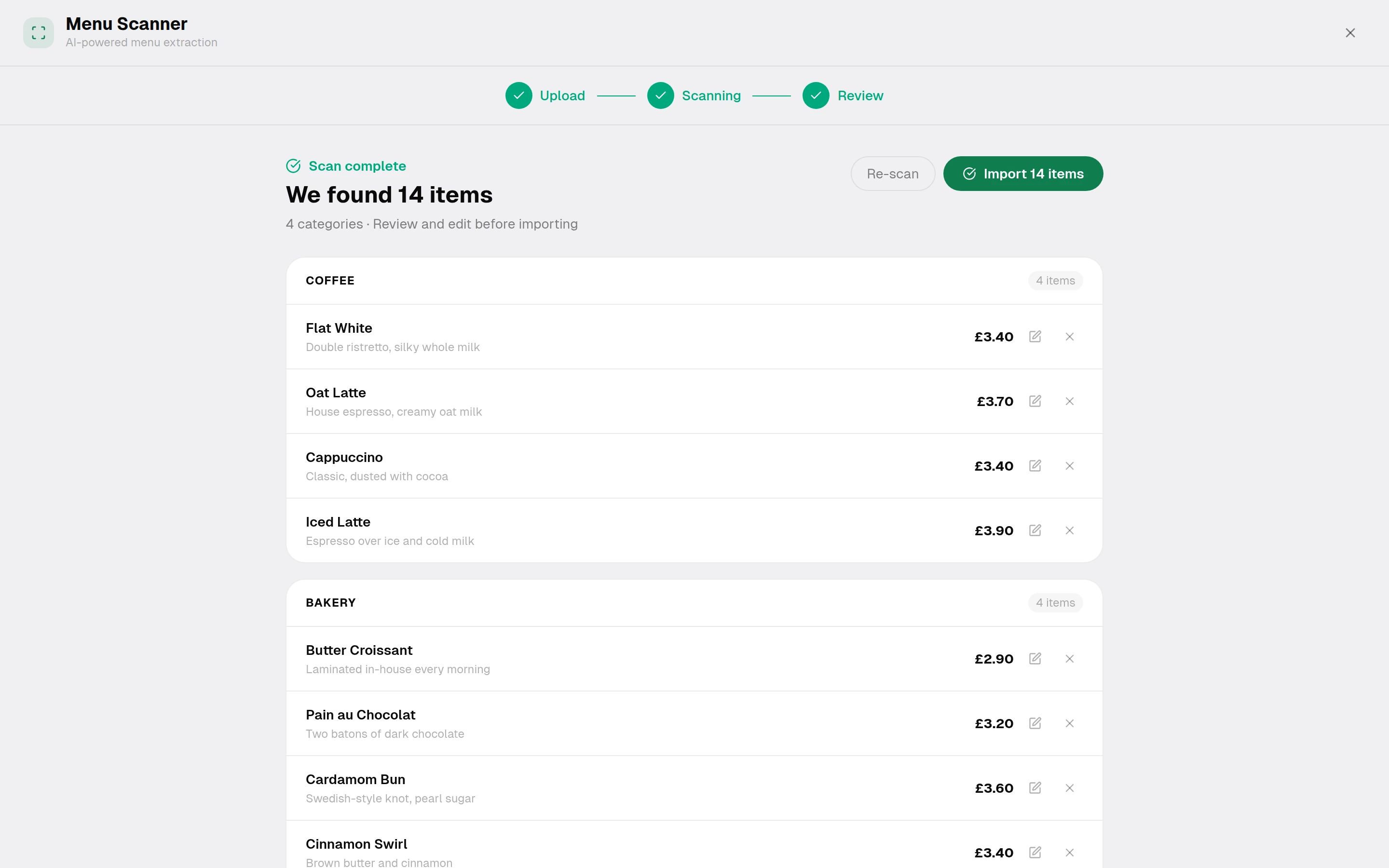 AI menu scanner showing items it found on a paper menu